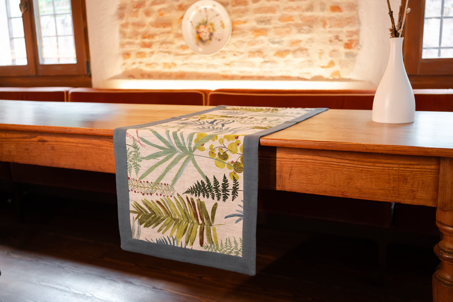 Runner in lino stampa foglie con bordo