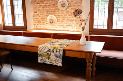 Runner in lino stampa foglie con cucitura