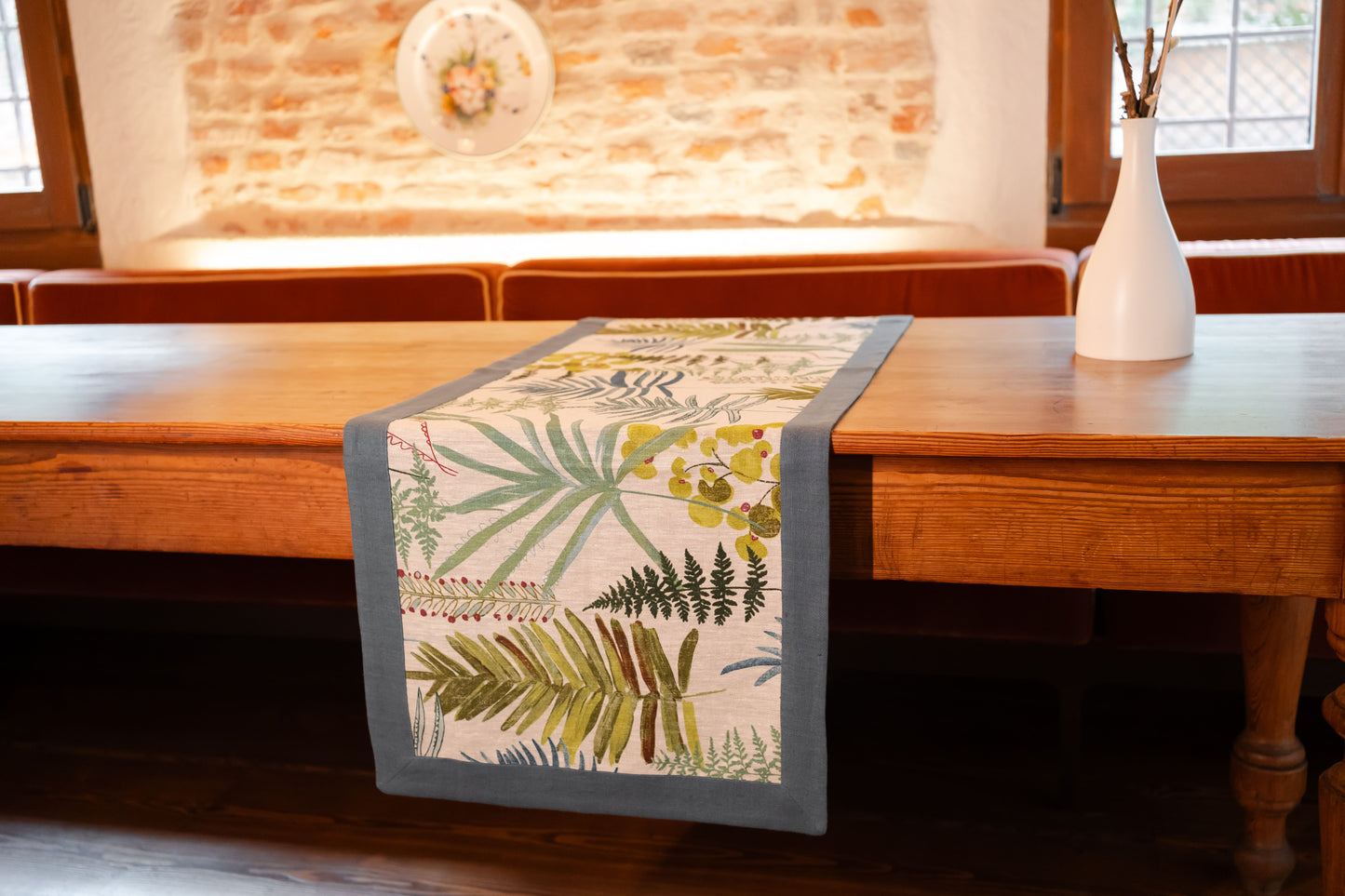 Runner in lino stampa foglie con bordo