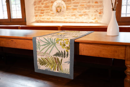 Runner in lino stampa foglie con bordo