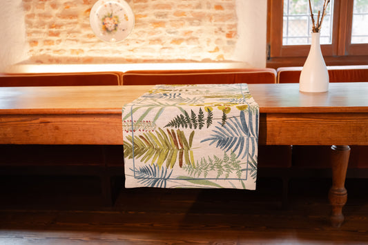 Runner in lino stampa foglie con cucitura