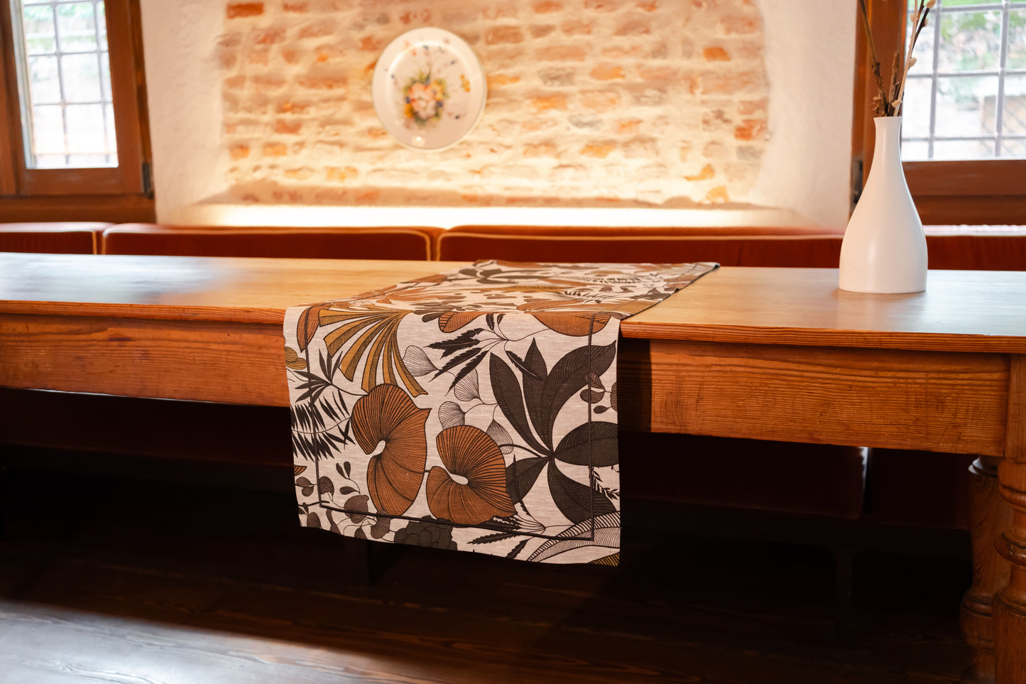 Runner in lino stampa foglie con cucitura