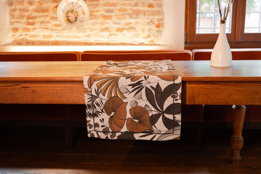 Runner in lino stampa foglie con cucitura