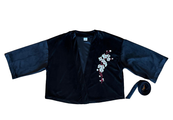 Kimono corto in velluto con ricamo