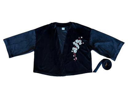 Kimono corto in velluto con ricamo
